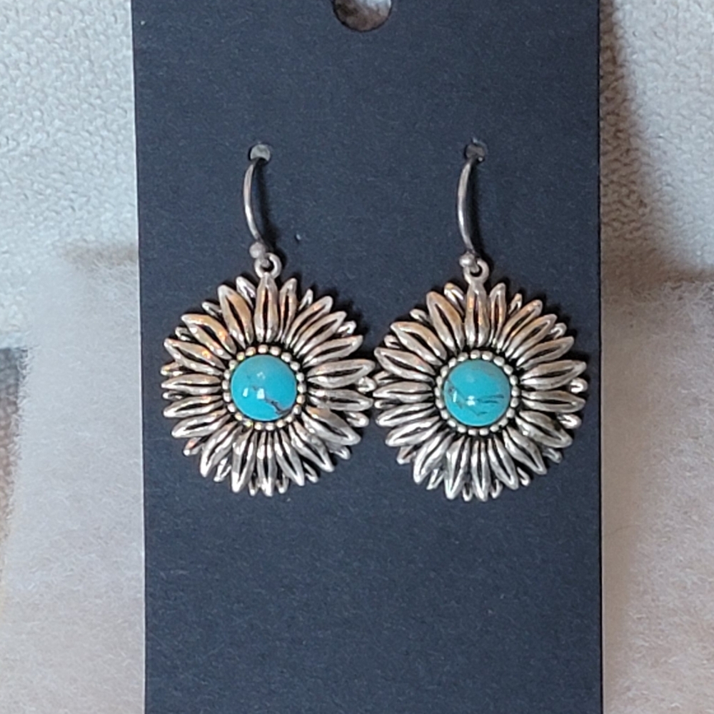 Estate Sterling Silver Sunflower Turquoise Earrings